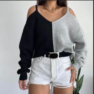 Almost famous color block black grey off shoulder cropped Sweater - medium